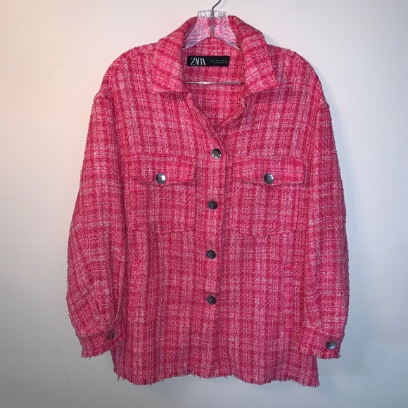Zara Tweed Textured Woven Plaid Frayed Overshirt Shacket Shirt Jacket Pink S - Picture 3 of 16